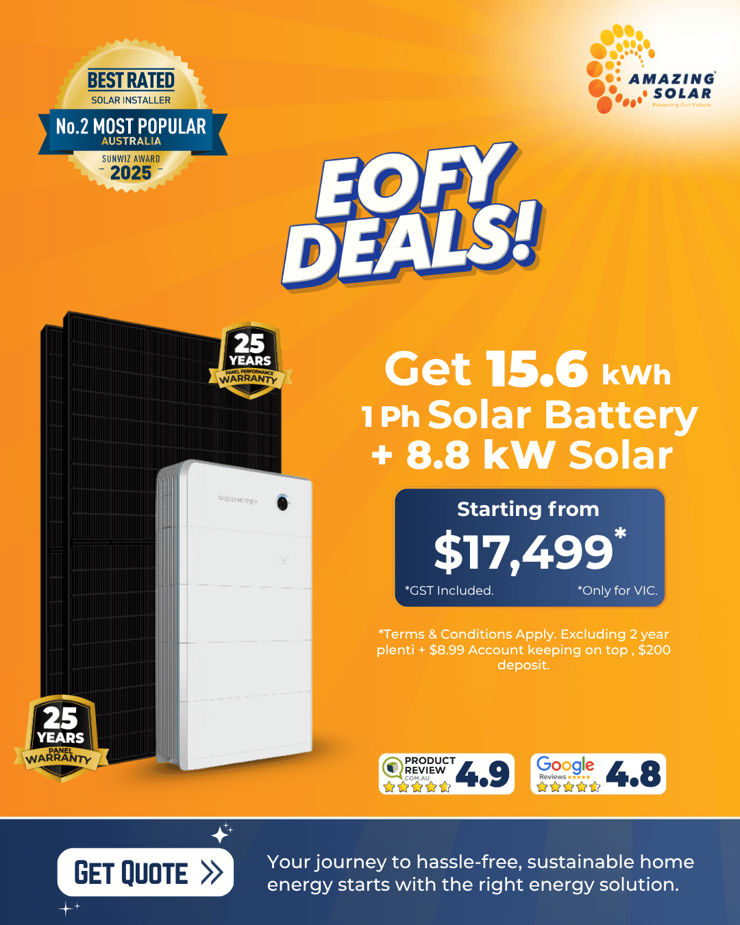 15.6kwh 1Ph solar battery 8.8kw solar deals 2026 amazing solar