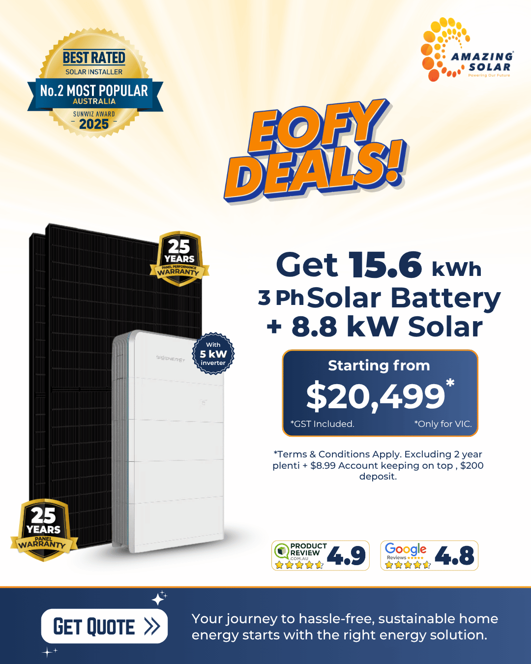 15.6kwh 3Ph solar battery 8.8kw solar deals 2026 amazing solar